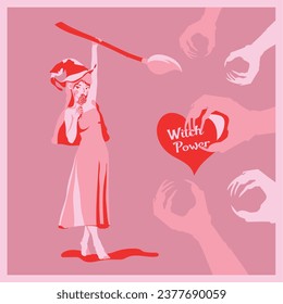 Flat vector illustration. Witch with broom and and lollipop. Art of modern witch. Pink poster. Halloween. Witchcraft and magic. The power of the witch.