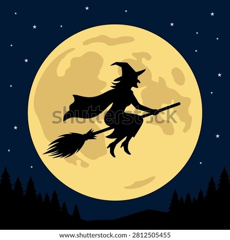 A flat vector illustration of a witch flying on a broomstick in front of a large yellow full moon.