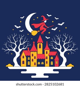 A flat vector illustration of a witch on a broomstick flying past a crescent moon above a castle and bare trees.