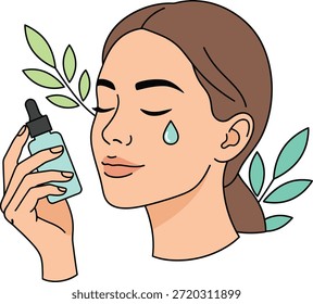 Flache Vektorgrafik einer Frau, die Gesichtsserum aufträgt, ideal für organisches Beauty-Branding, Spa-Marketing, Wellness-Webdesign und kosmetische Hautpflege-Aktionen.
