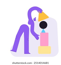 Flat vector illustration of a woman, arranging a balanced stack of abstract elements. Full body character with different items. Concept for putting things, tasks in order. 