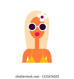 Flat vector illustration of woman avatar. Cute cartoon character. Young and beautiful woman. Summer time female portrait. Isolated on white. 