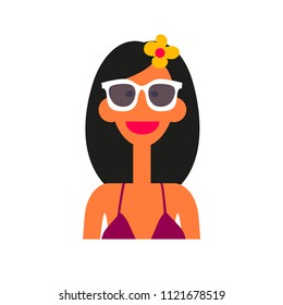 Flat vector illustration of woman avatar. Cute cartoon character. Young and beautiful woman. Summer time female portrait. Isolated on white. 