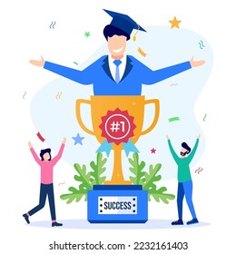 Flat vector illustration of woman celebrating graduation in toga on head. Learn to study at school up to the top level and graduate with the best results.