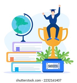 Flat vector illustration of woman celebrating graduation in toga on head. Learn to study at school up to the top level and graduate with the best results.