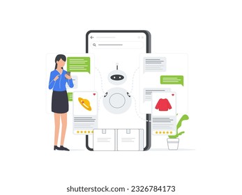 Flat vector illustration of Woman chatting with a chatbot on an eCommerce mobile platform. Simplified graphic depicting AI powered customer support.