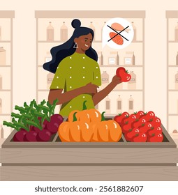 Flat vector illustration of a woman choosing fresh vegetables at a market, holding a tomato. A sign behind indicates a plant-based diet. Concept of healthy eating and vegetarian lifestyle