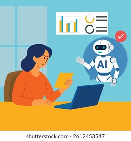 Ilustração de vetor plana de uma mulher que consulta com assistente de IA no laptop. Conceito de suporte de inteligência artificial, análise de dados e transformação digital.