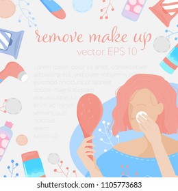 Flat vector illustration of a woman. Daily skin care. Skin care products.