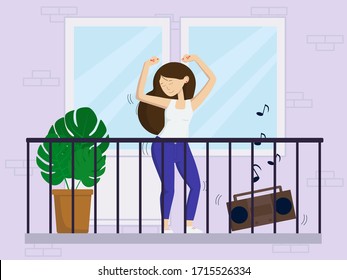 Flat vector illustration: woman dancing on the balcony. Stay at home.