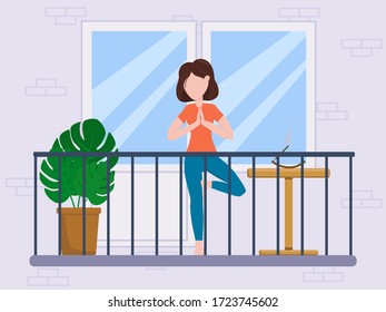Flache Vektorgrafik: Frau, die auf dem Balkon Yoga macht. Bleib zu Hause! Quarantäne.