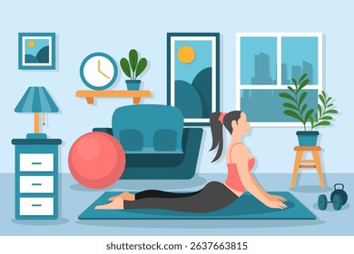 Flat Vector Illustration of Woman Doing Yoga at Living Room