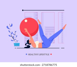 Una Ilustración vectorial plana de una mujer haciendo un ejercicio de Pilates con una Grande bola roja en una estera en una habitación con vista a la ciudad, incluyendo el texto "ESTILO DE VIDA SALUDABLE".