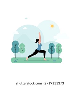 Ilustración vectorial plana de una mujer haciendo yoga en un parque soleado. Estilo de vida saludable, bienestar y concepto de fitness al aire libre en estilo minimalista