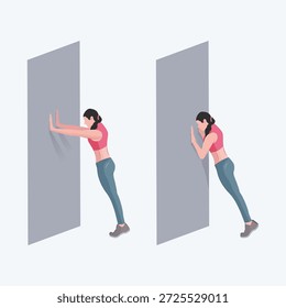 Ilustración vectorial plana de una mujer haciendo ejercicio de flexión de pared, mostrando una postura corporal adecuada para el entrenamiento en el hogar, el entrenamiento físico y los conceptos de estilo de vida saludable