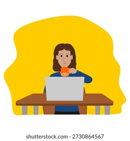 Ilustração vetorial plana de uma mulher bebendo café enquanto trabalha em um laptop em uma mesa. Conceito de trabalho remoto, freelancer lifestyle, home office e produtividade.