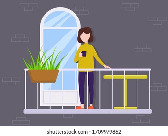 Flat vector illustration: woman drinks coffee on the balcony.