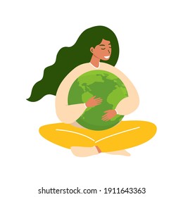 Flat vector illustration of a woman embracing the planet Earth. World Earth Day. The concept of conservation, protection and reasonable consumption of natural resources.