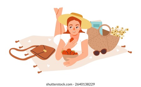 Flat vector illustration of a woman enjoying a summer picnic with strawberries and a cozy blanket. Joyful woman, alfresco meal, and sunny holiday mood.