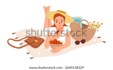 Flat vector illustration of a woman enjoying a summer picnic with strawberries and a cozy blanket. Joyful woman, alfresco meal, and sunny holiday mood.