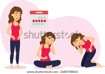 Flat vector illustration of a woman experiencing menstruation pain. The design shows three poses of a female character with painful expressions: holding stomach due to cramps, sitting with headache