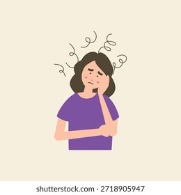 Ilustración vectorial plana de una mujer que se siente estresada y abrumada con garabatos desordenados sobre su cabeza, que representan la salud mental, la ansiedad y la depresión