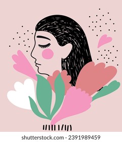 Flat vector illustration. A woman feels bliss, harmony, calm, peace.