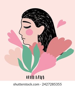 Flat vector illustration. A woman feels harmony, calm, peace.