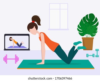 Flat vector illustration: woman goes in for sports at home.