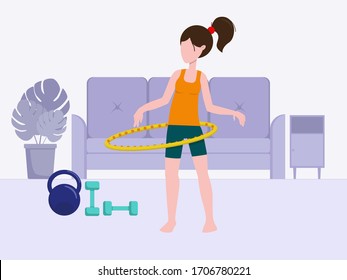 Flat vector illustration: woman goes in for sports at home. Woman twists hula hoop.