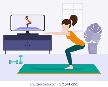 Flat vector illustration: woman goes in for sports at home.