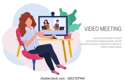 Flache Vektorgrafik einer Frau, die zu Hause ein Videotreffen mit ihren Kollegen hat. Perfekt für Design-Elemente von zu Hause, Studium und Remote-Kampagnen. Kommunikation über das Internet.