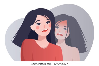 Flat vector illustration of a woman hiding her emotions. Female face is happy and angry. Split personality. Diagnosis of internal hatred. Bipolar disorder.