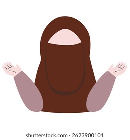 Flat vector illustration of a woman in a hijab with outstretched arms, symbolizing peace, openness, or acceptance.