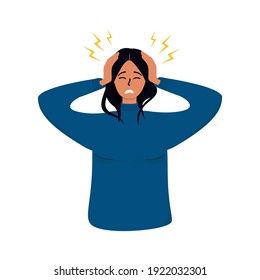 Flat vector illustration of a woman holding her head in her hands due to pain or stress. Isolated design on a white background.