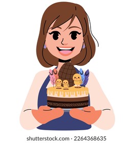 Flat vector illustration of woman holding a "Mona de Pascua" cake in her hands. Easter Spanish tradition celebration