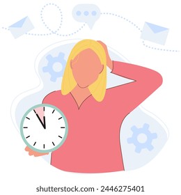 Flat vector illustration with woman holding clock in a hand and confused, deadline, time management concept