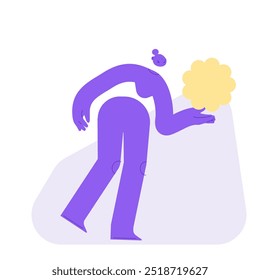 Flat vector illustration of a woman, holding gently a soft abstract item. Design concept for care, love and attention. Full body abstract female character giving an object in a hand.