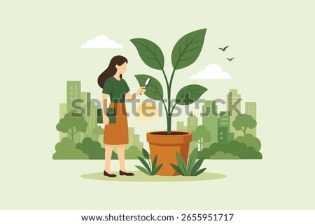 A flat vector illustration of a woman inspecting the growth of a potted plant with a magnifying glass. The scene is set against a cityscape backdrop at sunset, representing environmental awareness