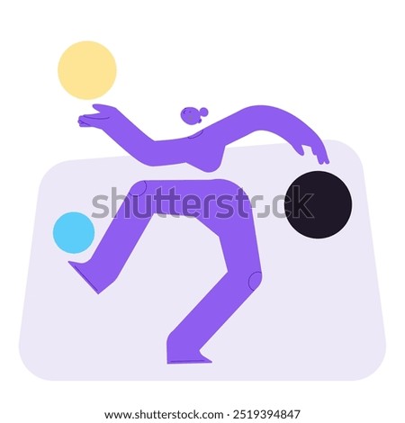 Flat vector illustration of a woman, jugging with abstract items. Work and task overload concept. Overwhelmed full body character loosing balance and control over a situation. 