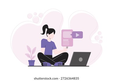 Flat vector illustration of a woman learning online using laptop and digital content interface. Concept of e-learning, online education, video content, remote study, and digital knowledge sharing.