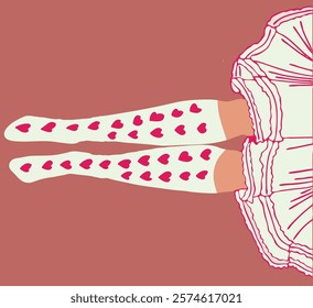 Flat vector illustration of woman legs lying on the floor near each other. The white with pink hearts golfs and white tutu dress are on the feets.