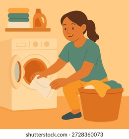 Ilustração vetorial plana de uma mulher carregando lavanderia em uma máquina de lavar em casa. Conceito de rotina doméstica e tarefas domésticas mostrando a limpeza doméstica diária e os cuidados com a roupa para blogs de estilo de vida, serviços de limpeza e conteúdo relacionado à casa.