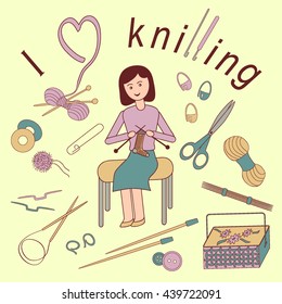 Flat vector illustration of a woman loves knitting. Accessories for crafts: knitting needles, crochet hooks, yarn, pins, buttons, scissors, basket for needlework.