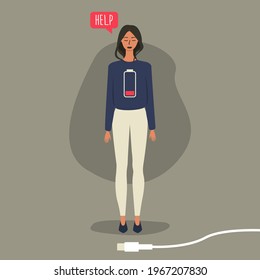 Flat vector illustration of a woman with a low battery charge, the concept of emotional burnout, chronic fatigue, headache, depression, psychological problems. The need to restore the energy balance