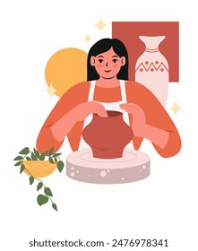 Flat vector illustration. A woman makes pottery. Pottery hobby concept.