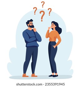 Ilustración vectorial plana. Una mujer y un hombre están discutiendo temas, pensando en tomar una decisión, con una idea. Concepto de idea conjunta 