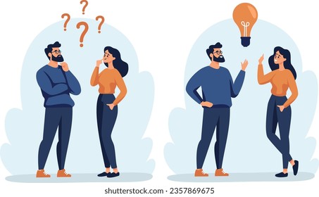 Flat vector illustration. A woman and a man are discussing issues, thinking about making a decision, coming up with an idea. The concept of finding the right solution and idea