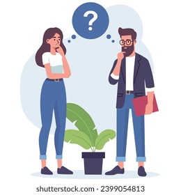 Flat vector illustration. A woman and a man are discussing issues, thinking about making a decision, coming up with an idea. Concept of joint idea 