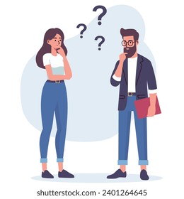 Flat vector illustration. A woman and a man are discussing issues, thinking about making a decision, coming up with an idea. Concept of joint idea 